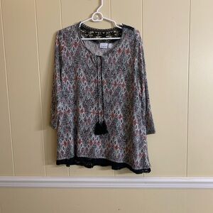 Kim Rogers women’s Black and Coral Geometric Tassel-Tie Tunic